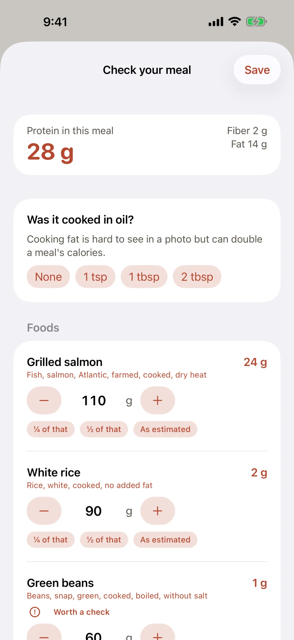 The Check your meal screen in Glutide after a photo of grilled salmon, white rice and green beans: 28 grams of protein in total, a question about cooking oil with choices of none, 1 tsp, 1 tbsp or 2 tbsp, and each food with a weight in grams that can be raised, lowered or halved.