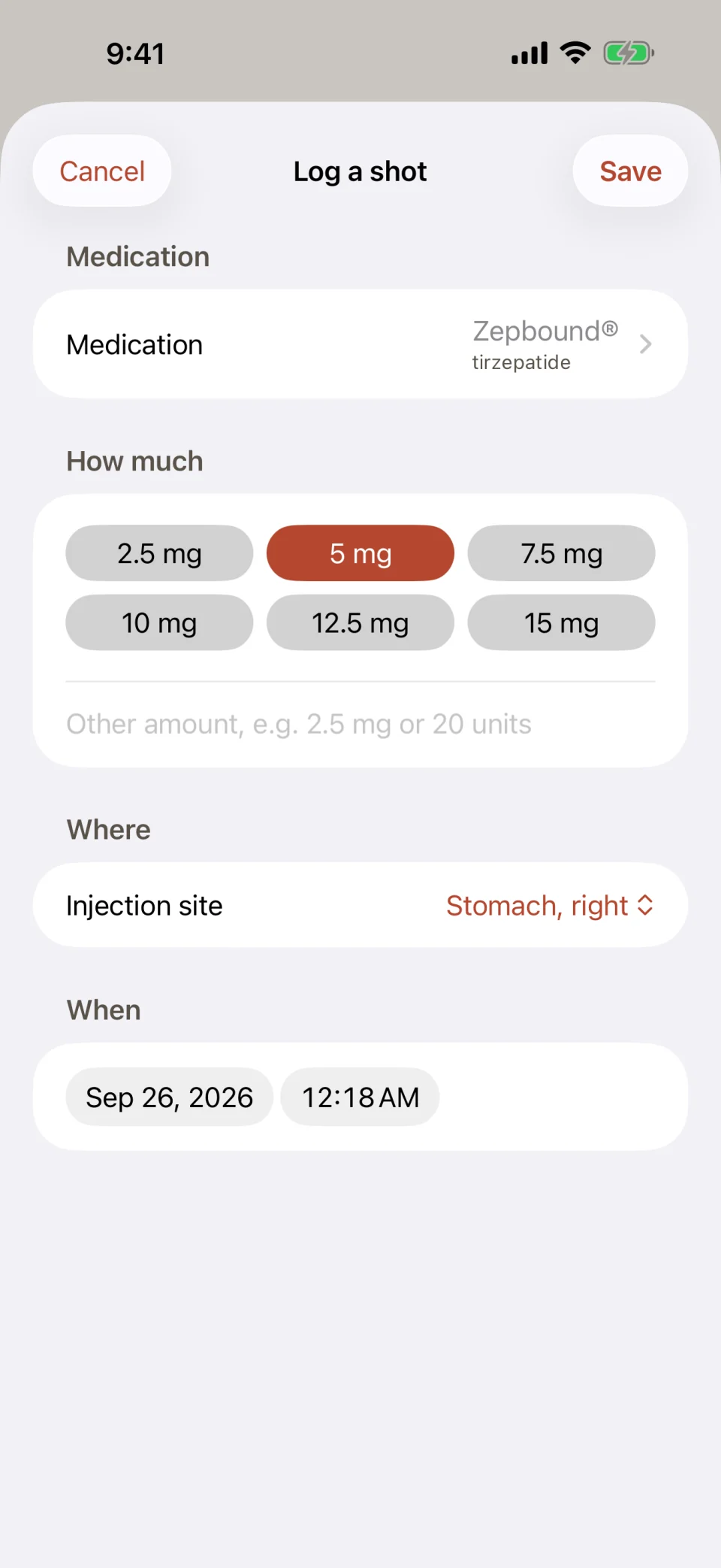 The Log a shot screen in Glutide: Zepbound (tirzepatide) as the medication, dose buttons from 2.5 mg to 15 mg with 5 mg selected, the injection site set to Stomach, right, and the date and time of the dose.