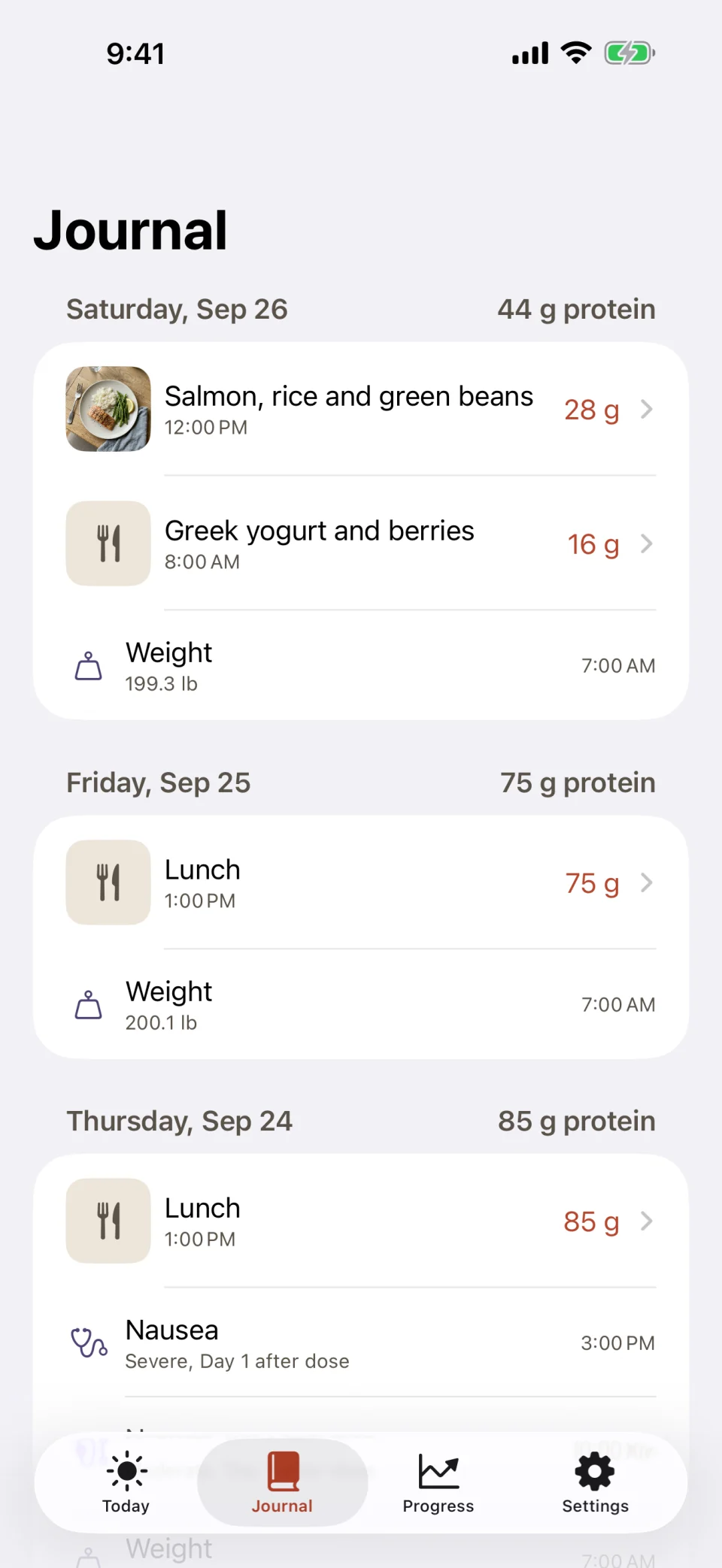 The Journal tab in Glutide: Friday with 44 grams of protein from salmon with rice and green beans and from Greek yogurt with berries plus a weigh-in, Thursday with 75 grams from lunch, and Wednesday with 85 grams from lunch and a logged nausea entry marked severe, day 1 after the dose.